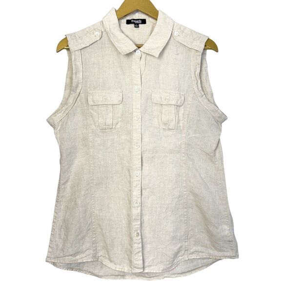 Saks Fifth Avenue Linen Button Down Shirt Tank Size L Beige Pockets Money Preppy - Picture 1 of 6